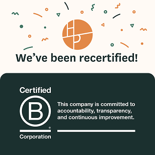 BCorp recertification announcement graphic with confetti